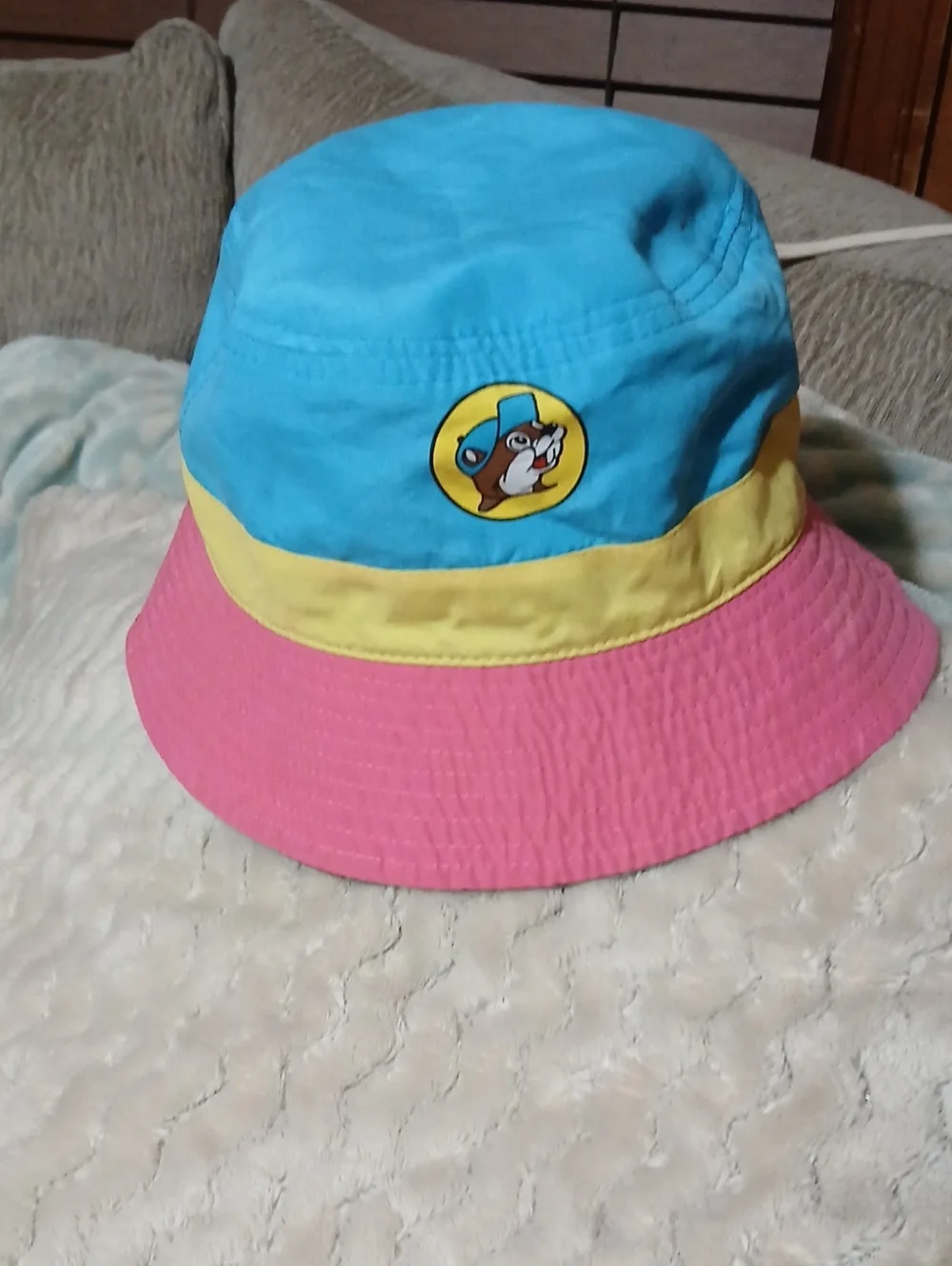 Kids Colorblock Bucket Hat with Cartoon Patch - Blue, Pink & Yellow